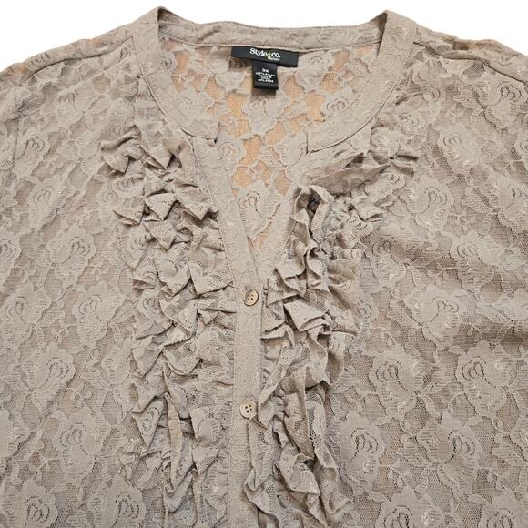Style & Co-Taupe Stretch Nylon V-Neck 3/4 Sleeve Lace Blouse Sheer Size 3X - Picture 6 of 7